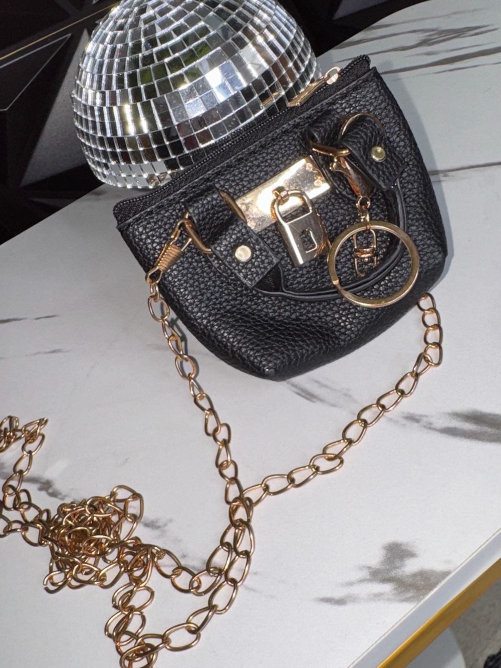 🔥✨Black Pebbled Mini Crossbody Bag with Gold Chain and Lock Detail